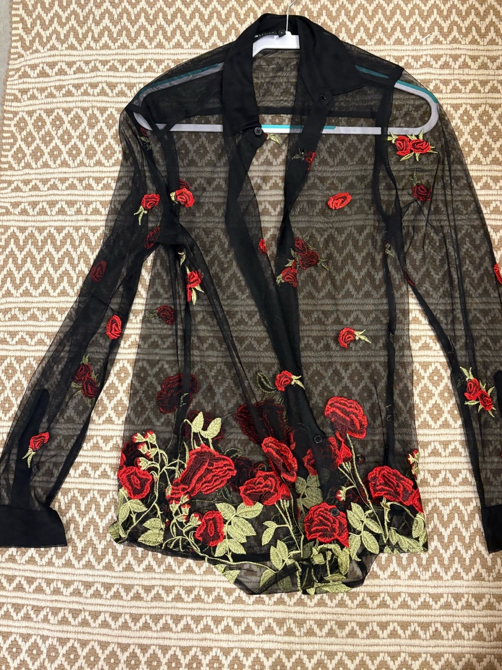 ASOS DESIGN regular fit mesh shirt with floral embroidery in red XS unisex